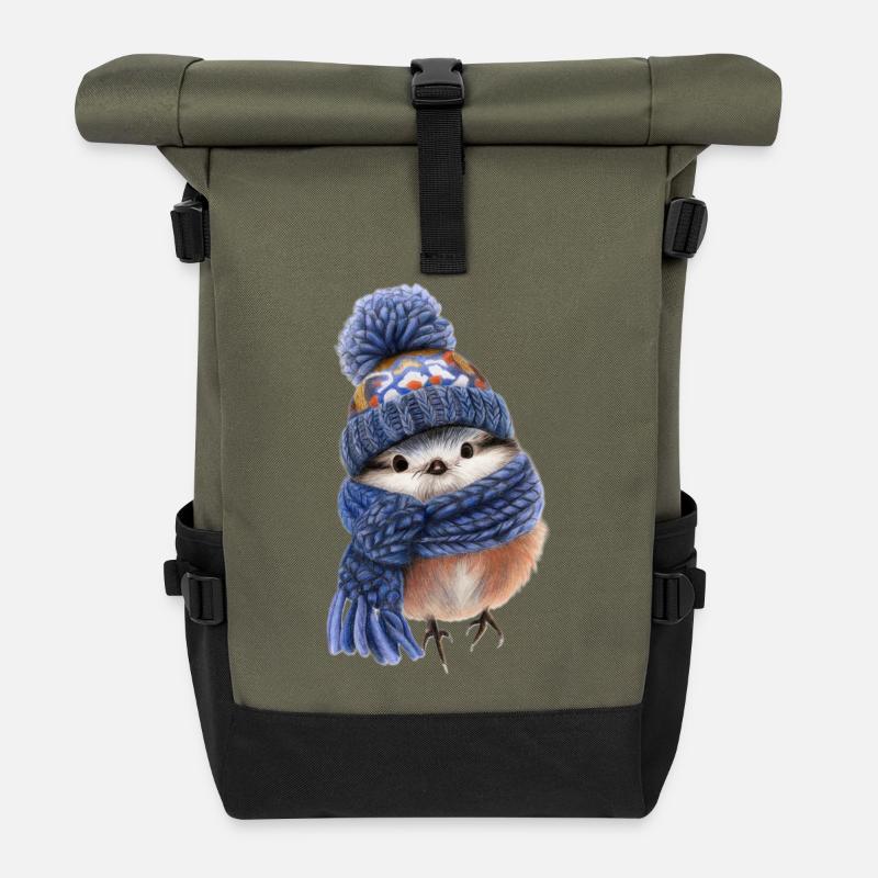 Oiseau d’hiver avec écharpe - Sac à dos roll top - olive/noir