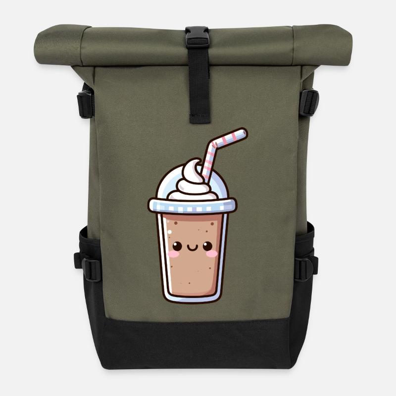 Cute Milkshake Illustration - Roll Top Backpack - olive/black