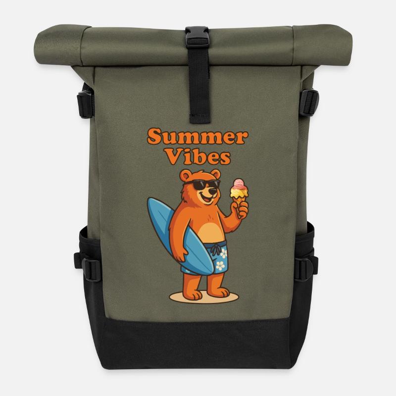 Summer Vibes Bear - Sommerbär mit Eis - Rolltop Rucksack - Olive/Schwarz