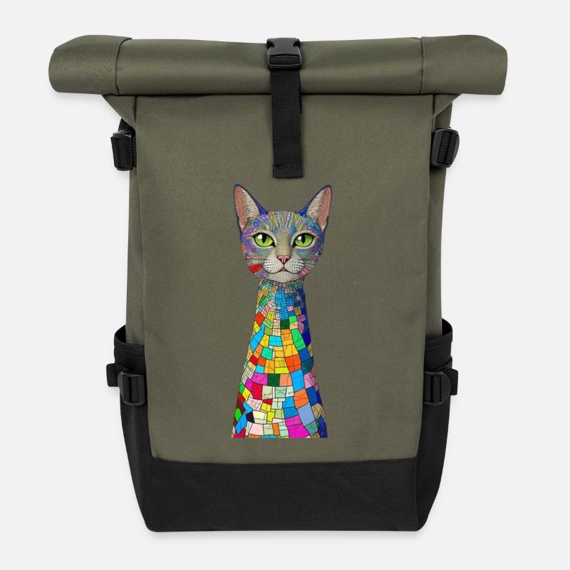 Colorful mosaic cat - art deco style - Roll Top Backpack - olive/black