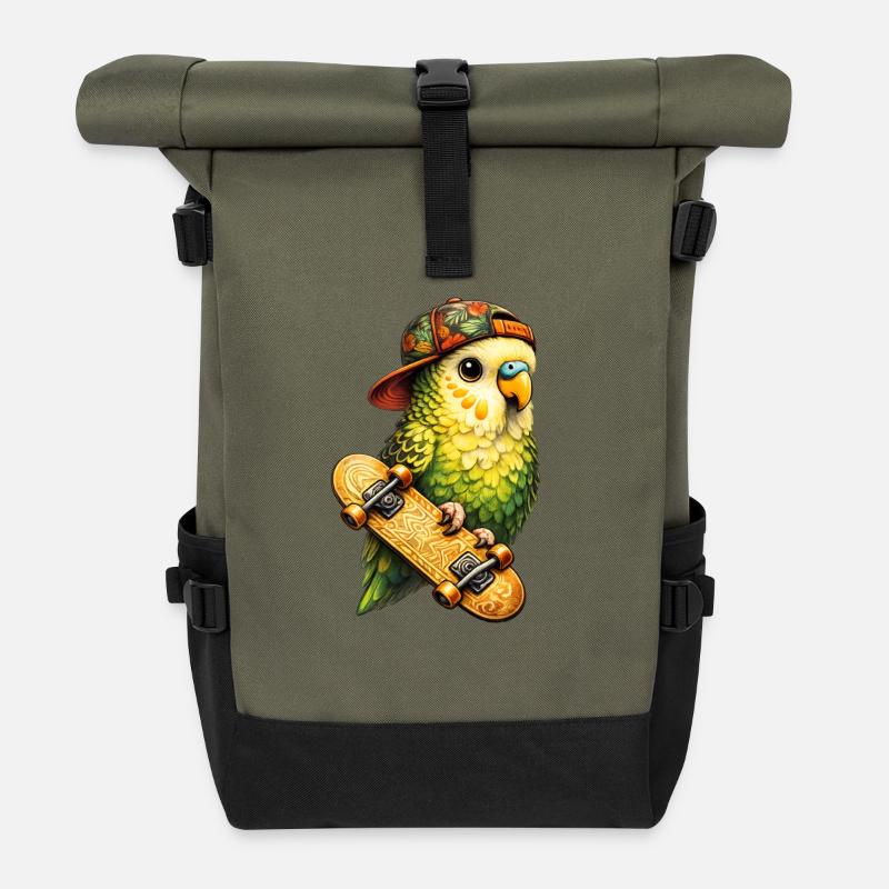Cooler Skatebird – Papagei mit Cap & Skateboard - Rolltop Rucksack - Olive/Schwarz