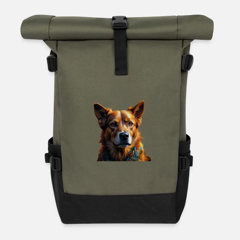 Buntes Hundeporträt Schal - Rolltop Rucksack - Olive/Schwarz