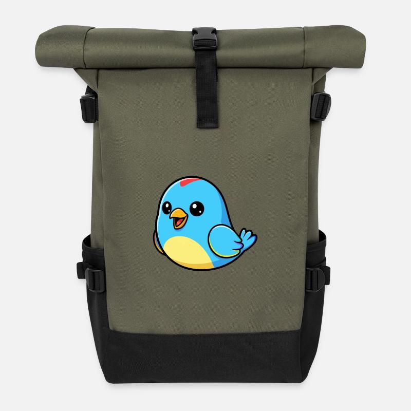 Fröhlicher Blauer Vogel Cartoon - Rolltop Rucksack - Olive/Schwarz
