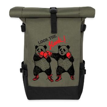 boxende Pandabären teilen aus - Rolltop Rucksack - Olive/Schwarz - Vorne