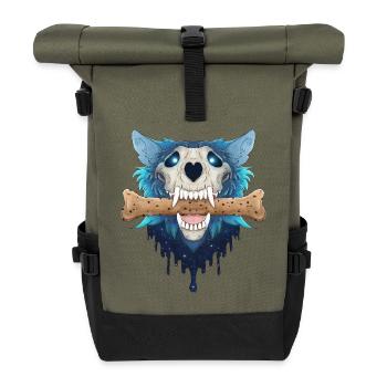 Höllenhund Schädel - Dämonischer blauer Wolf & Keksknochen - Rolltop Rucksack - Olive/Schwarz - Vorne