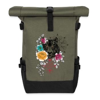 Florales und dekoratives Tigerkopf-Design in Coule - Rolltop Rucksack - Olive/Schwarz - Vorne