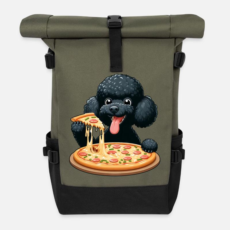 Comic Pudel mit Pizza - Rolltop Rucksack - Olive/Schwarz
