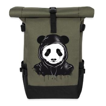 witziger Panda Bär Kopf mit Hoodie Kapuze - Rolltop Rucksack - Olive/Schwarz - Vorne