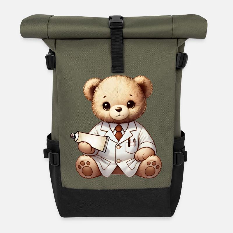 süßer Kuscheltier Teddy Apotheker mit Salbe - Rolltop Rucksack - Olive/Schwarz
