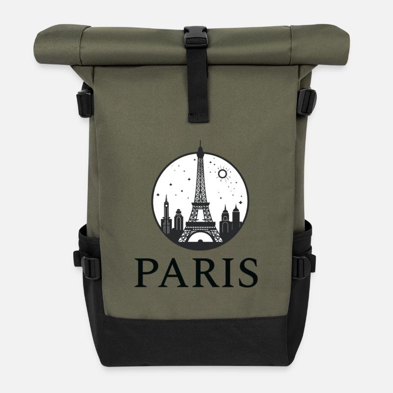 Paris Eiffelturm Silhouette im Kreis - Rolltop Rucksack - Olive/Schwarz