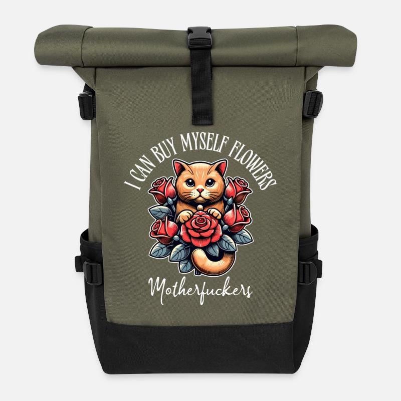 Ich Kauf Mir Meine Blumen Selbst – Freche Katze - Rolltop Rucksack - Olive/Schwarz