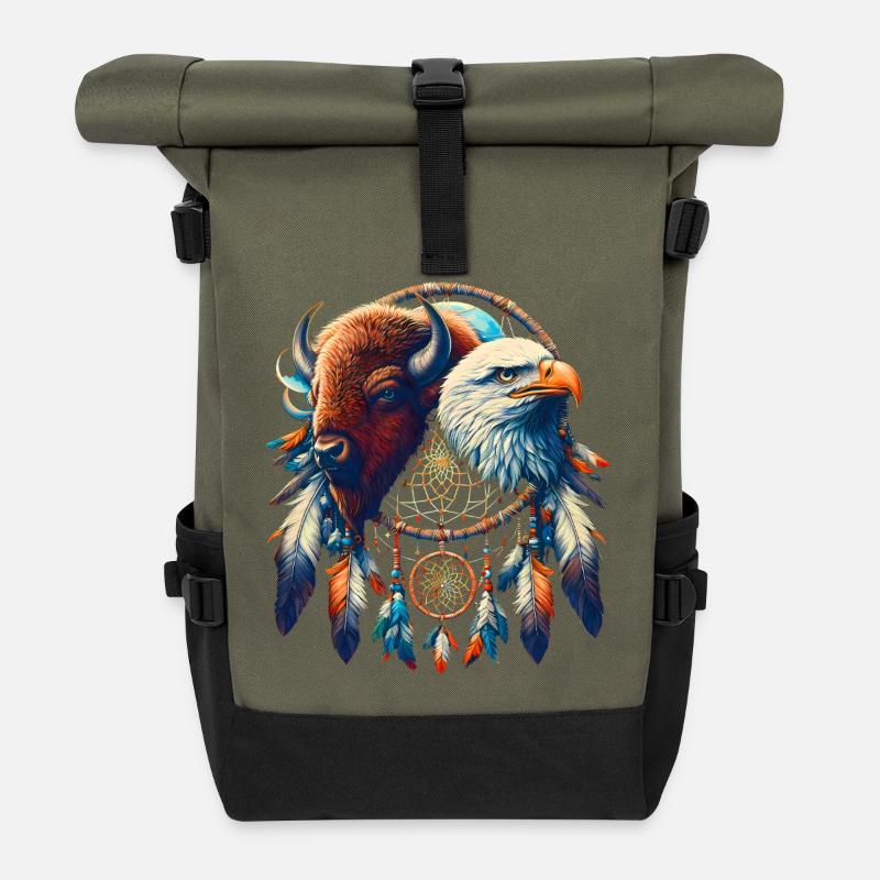 Mandala Faucon et Buffle Éthéré - Sac à dos roll top - olive/noir