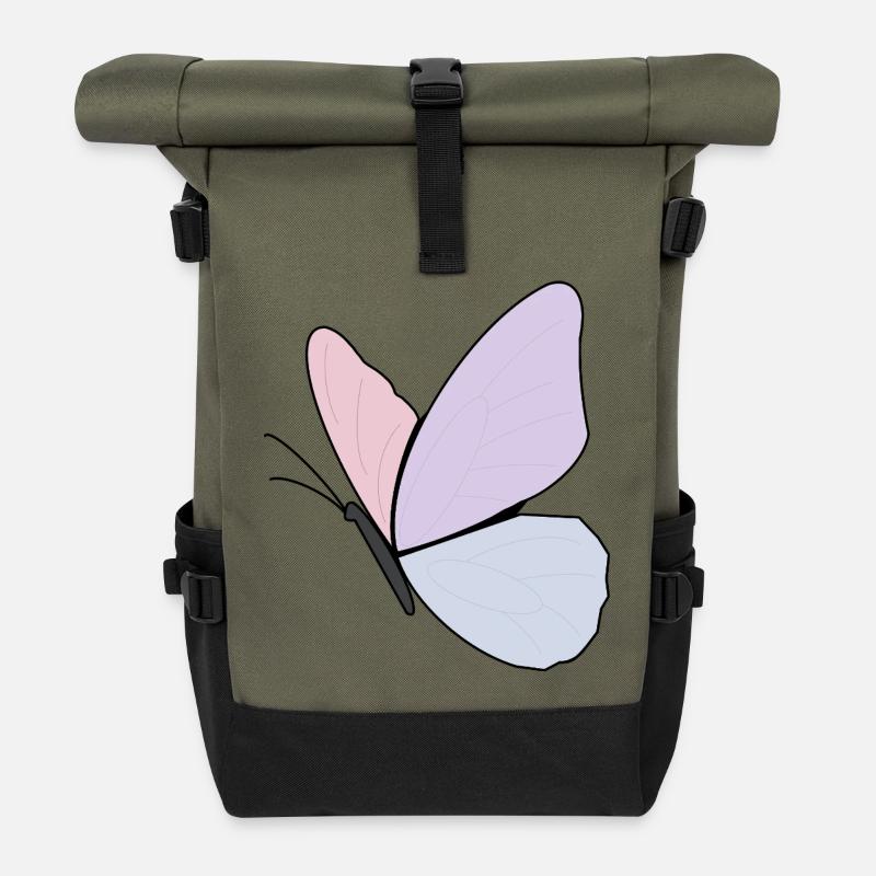 Pastel Butterfly Design - Roll Top Backpack - olive/black