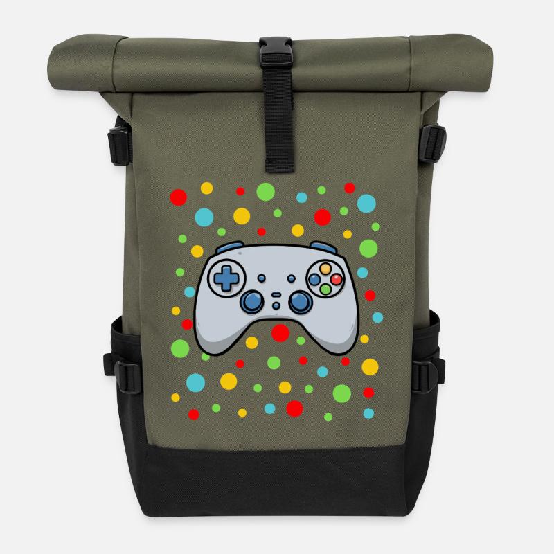 Spotty Gaming T-Shirt – Dotted Colourful Gamepad T - Roll Top Backpack - olive/black