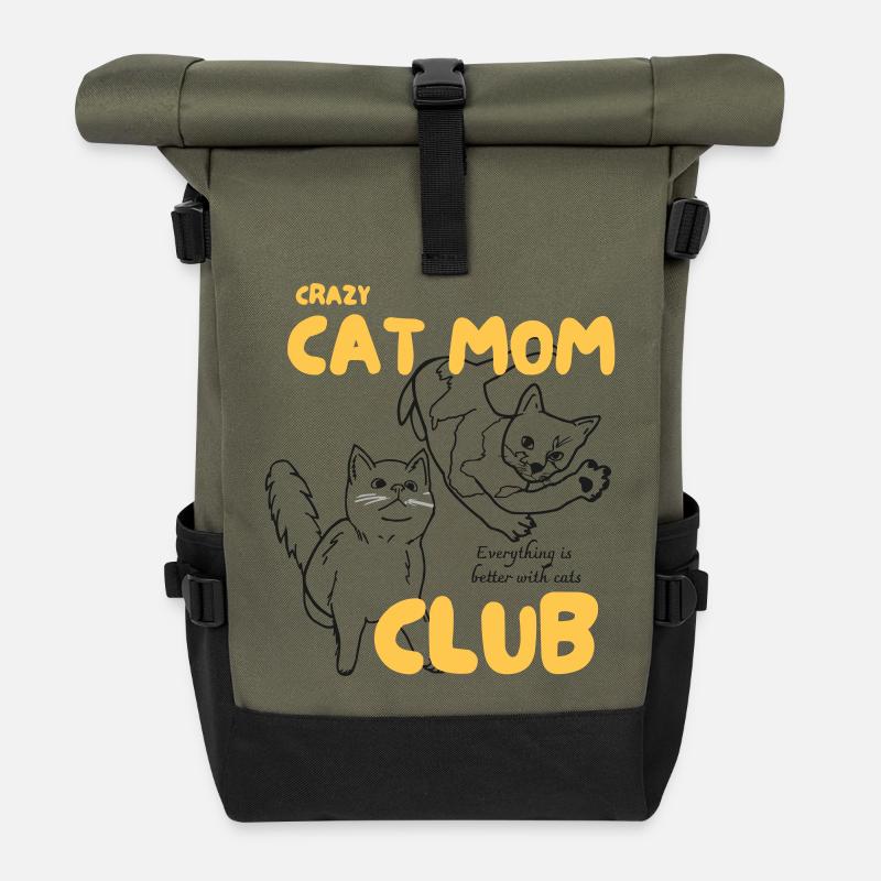 Verrückter Katzen-Mama-Club - Rolltop Rucksack - Olive/Schwarz