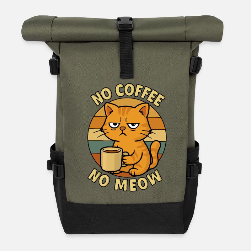 Kaffeekatze: No Coffee No Meow - Rolltop Rucksack - Olive/Schwarz