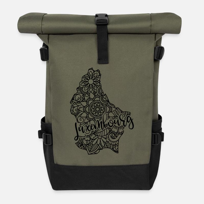 Map of Luxembourg Mandala - Capital Europe Gift - Roll Top Backpack - olive/black