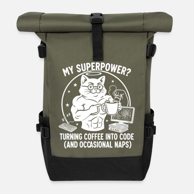 Lustiges Coding Katze T-Shirt - Superkraft Kaffee - Rolltop Rucksack - Olive/Schwarz