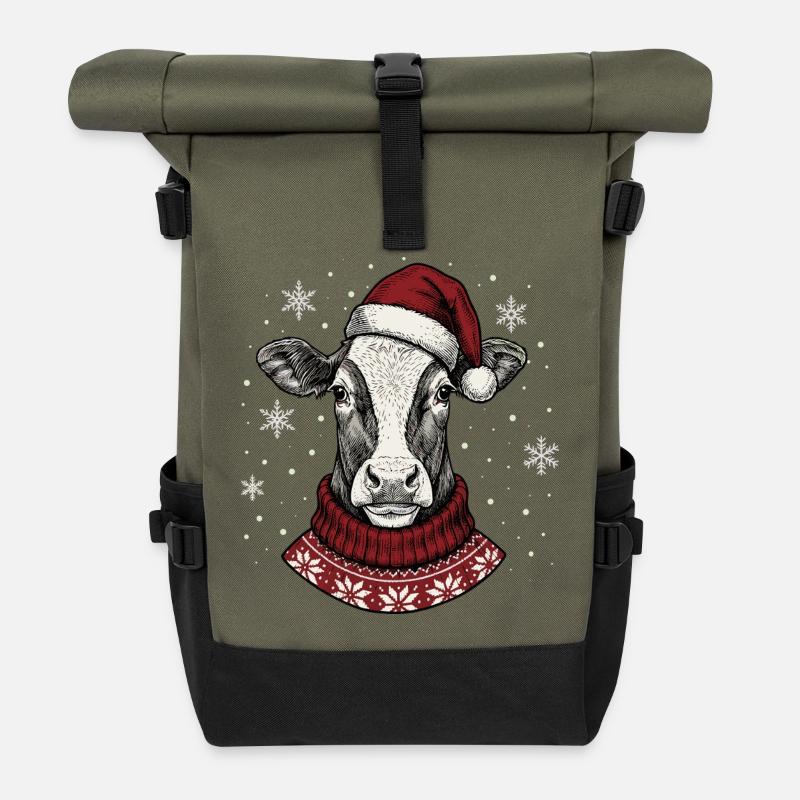 Cadeau de Noël Vache au Bonnet de Noël - Sac à dos roll top - olive/noir