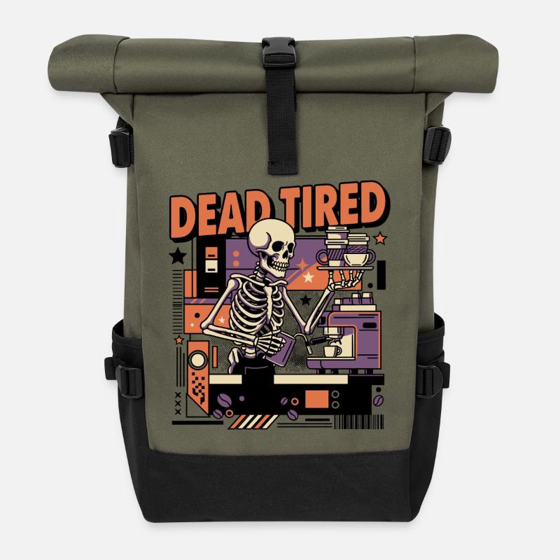 Totmüdes Kaffee-Skelett Küchen-Setting - Rolltop Rucksack - Olive/Schwarz