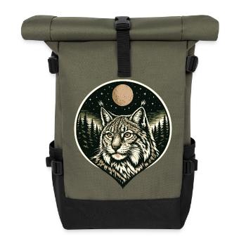 Silent Focus - Luchs im Woodcut Stil - Rolltop Rucksack - Olive/Schwarz - Vorne
