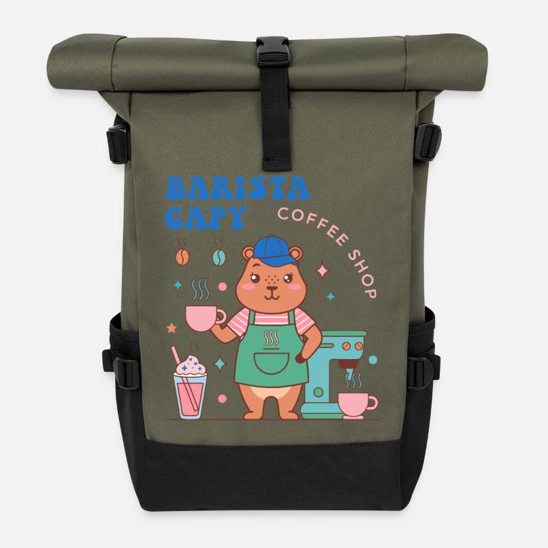 Capy Barista Coffee Shop Charm - Roll Top Backpack - olive/black