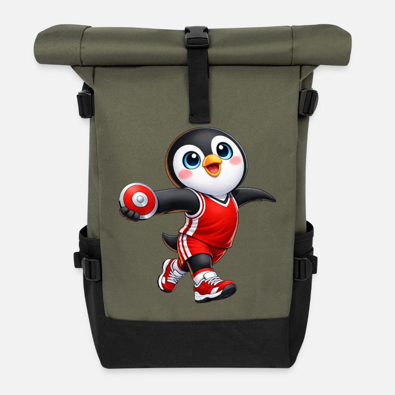 Süßer Pinguin Diskuswerfen Sportler Cartoon - Rolltop Rucksack - Olive/Schwarz
