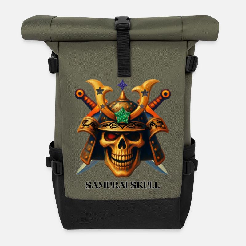 Samurai Skull t-shirt design. - Roll Top Backpack - olive/black
