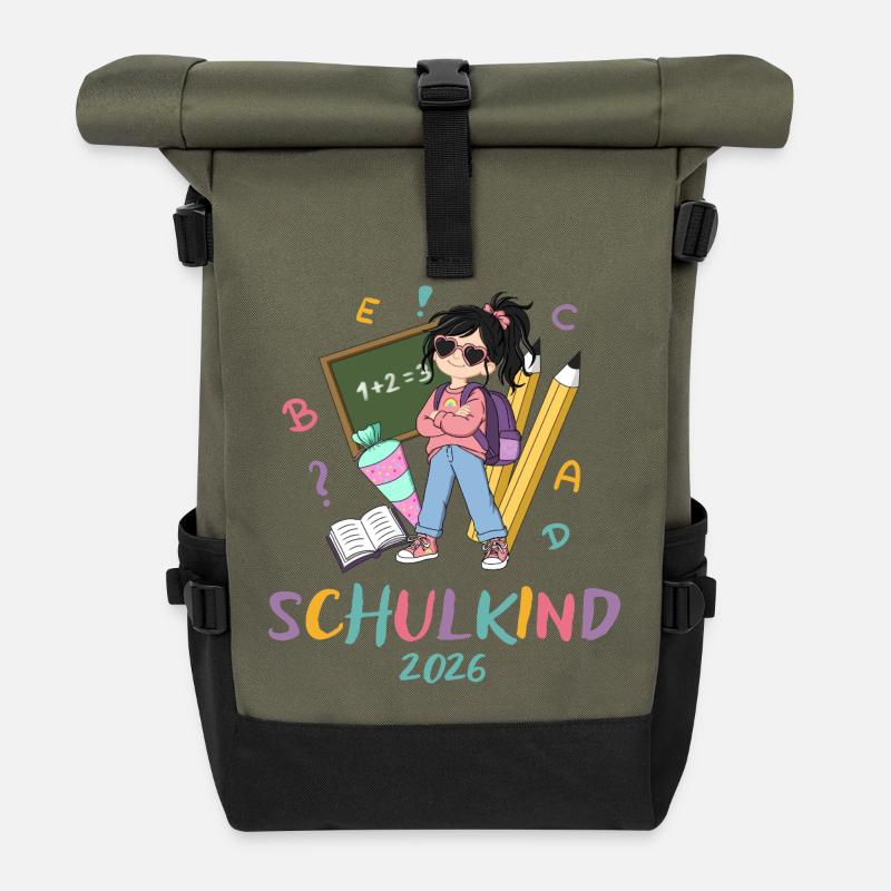 Schulkind 2026: Bunte Lernabenteuer - Rolltop Rucksack - Olive/Schwarz