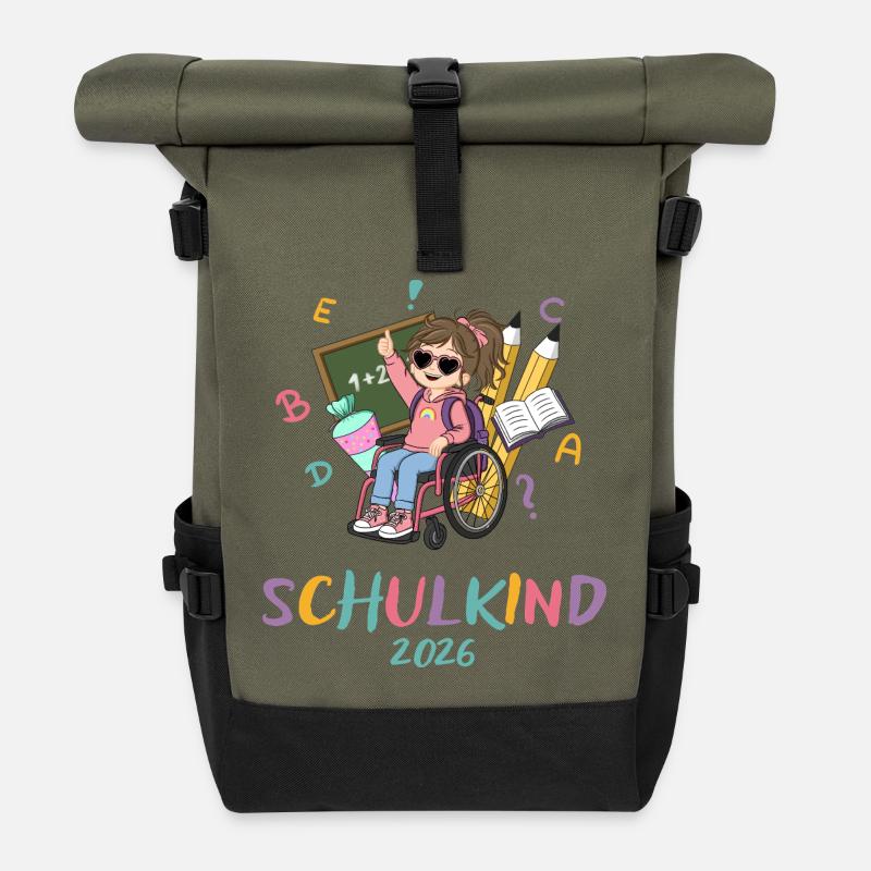 Schulkind 2026 Regenbogen Stil - Rolltop Rucksack - Olive/Schwarz