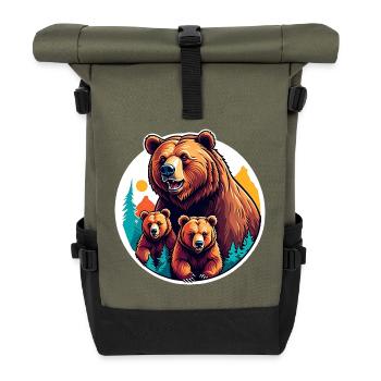 Grizzly Mama mit Kindern - Rolltop Rucksack - Olive/Schwarz - Vorne