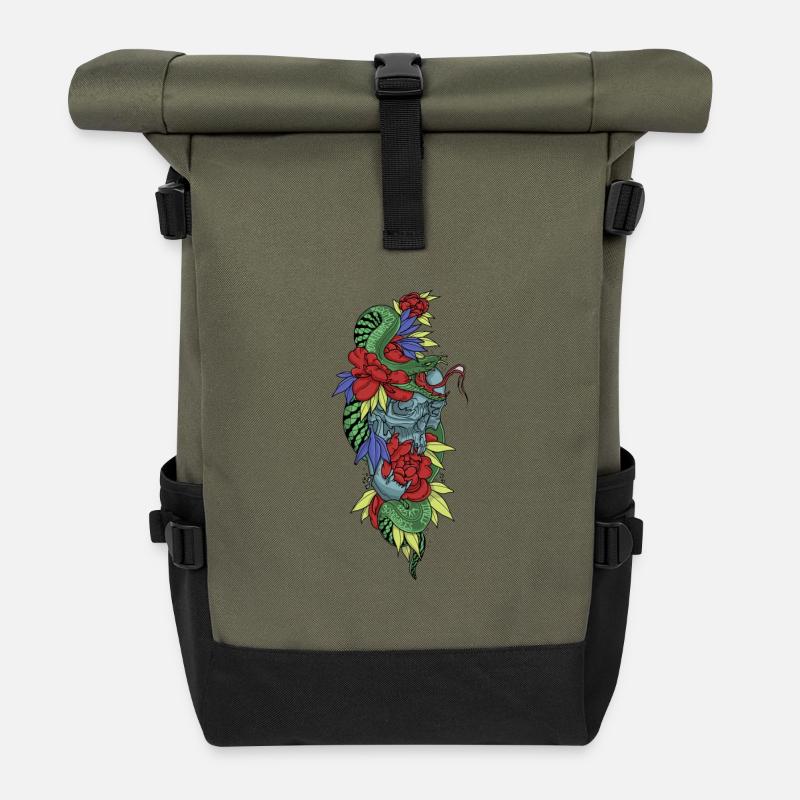 Floral skull and colorful snake - Roll Top Backpack - olive/black