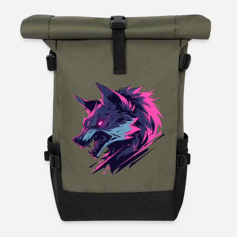 Bunter wilder Wolf - Rolltop Rucksack - Olive/Schwarz