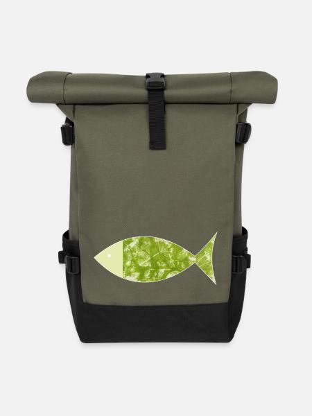 Fisch Ichthys Naturdruck Angeln Jesusfisch - Rolltop Rucksack - Olive/Schwarz