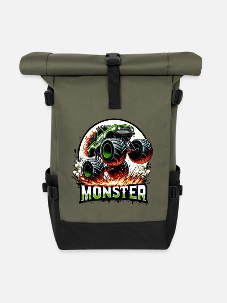 Monster Truck Fire Car Car Truck - raffstaff ® - Roll Top Backpack - olive/black