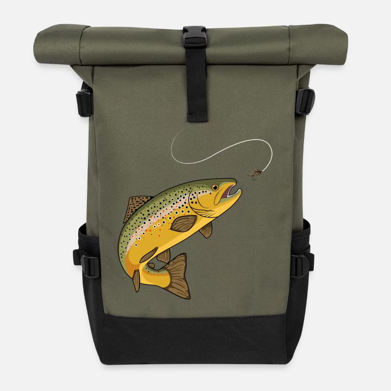 Truite brune Pêche à la truite Pêche à la mouche Pêche - Sac à dos roll top - olive/noir