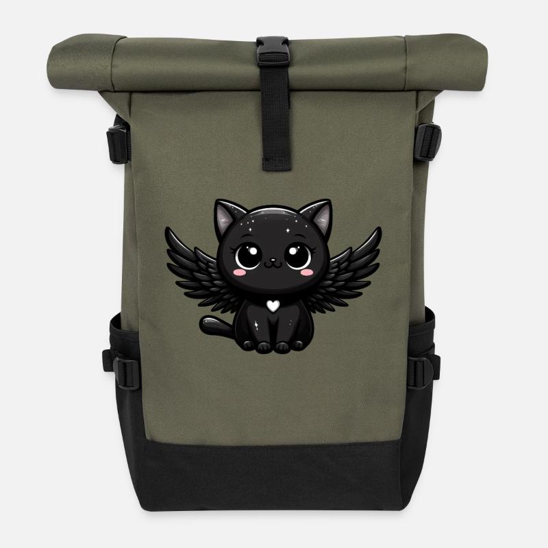 Gothic Engel Katze süß schwarz dunkel Flügel - Rolltop Rucksack - Olive/Schwarz