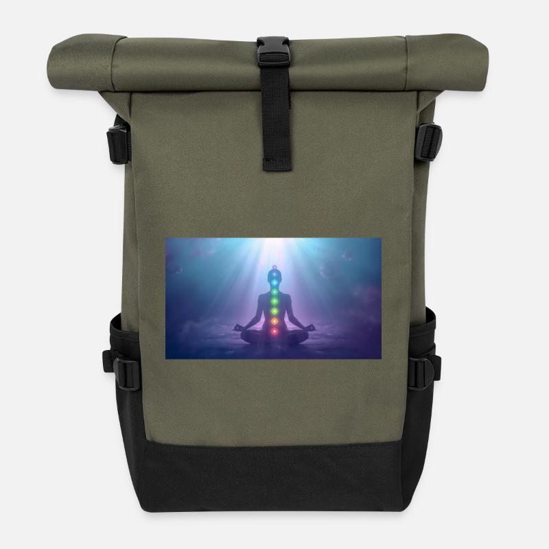 Chakra Meditation Lichtstrahlen Yoga - Rolltop Rucksack - Olive/Schwarz