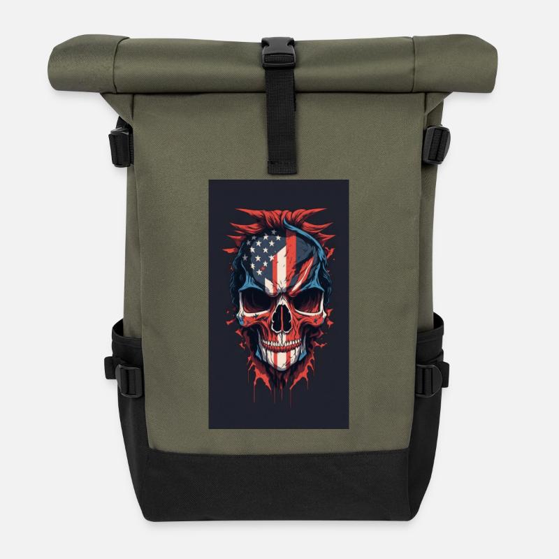 Drapeau américain dessiné face maléfique crâne de mort - Sac à dos roll top - olive/noir