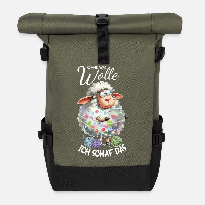 Komme was Wolle ich Schaf das lustiger Spruch Wort - Rolltop Rucksack - Olive/Schwarz