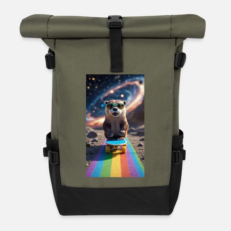 Witziger Waschbär auf Skateboard mit Sonnenbrille - Rolltop Rucksack - Olive/Schwarz