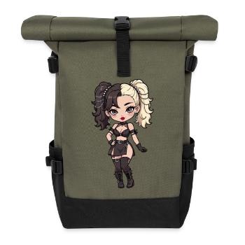 Gotische Chibi-Diva mit zweifarbigem Haar - Rolltop Rucksack - Olive/Schwarz - Vorne