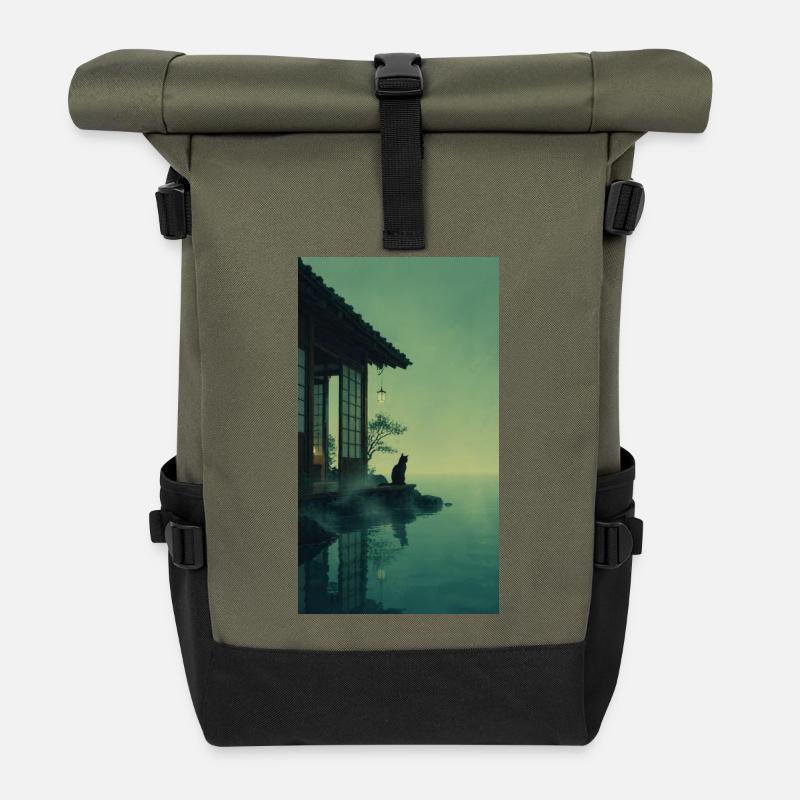 Schwarze Katze am Teehaus – Asian Zen Design - Rolltop Rucksack - Olive/Schwarz