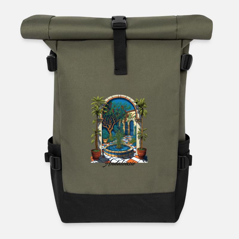 Andalusia Azure Courtyard and Botanical - Roll Top Backpack - olive/black