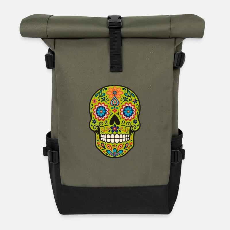 Calavera Loco – Der wilde Zuckerschädel - Rolltop Rucksack - Olive/Schwarz