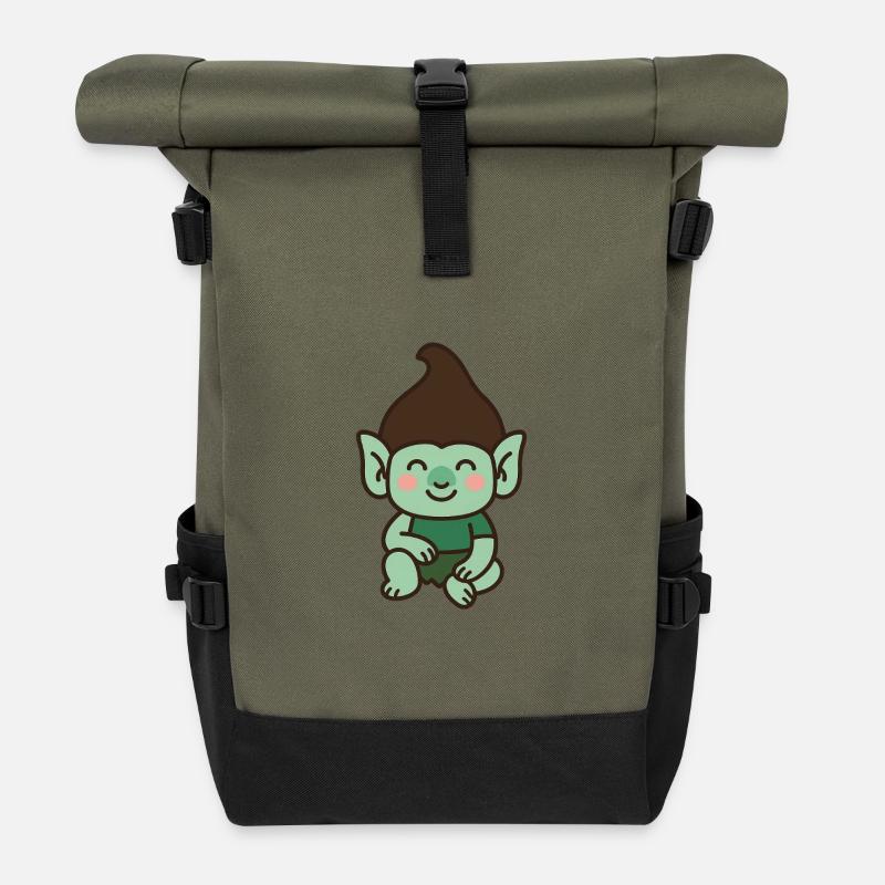 Niedlicher Troll – Kawaii-Stil - Rolltop Rucksack - Olive/Schwarz