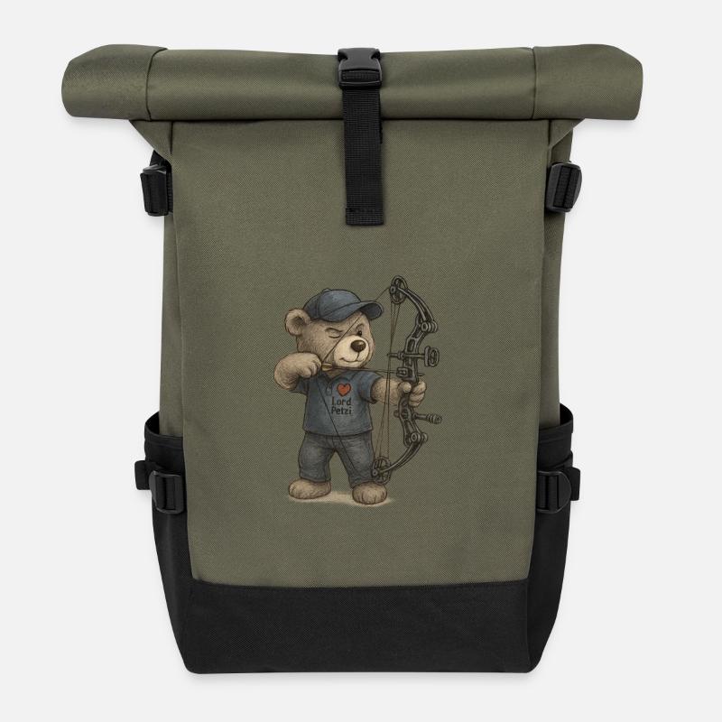 Lord Petzi mit Bogen und Pfeil - Rolltop Rucksack - Olive/Schwarz