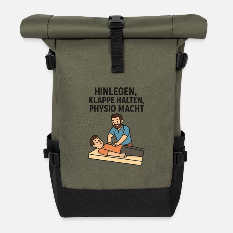 Hinlegen klappe halten, Physio MACHT - Rolltop Rucksack - Olive/Schwarz