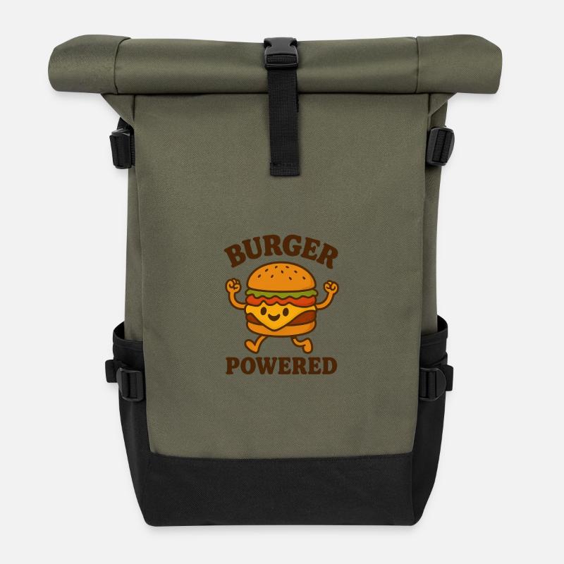 Burger Power Cartoon Design - Roll Top Backpack - olive/black