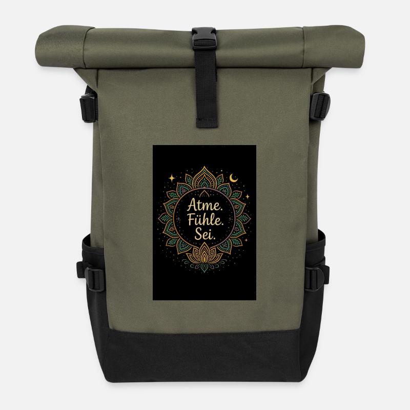 Flower mandala with spiritual motto - Roll Top Backpack - olive/black